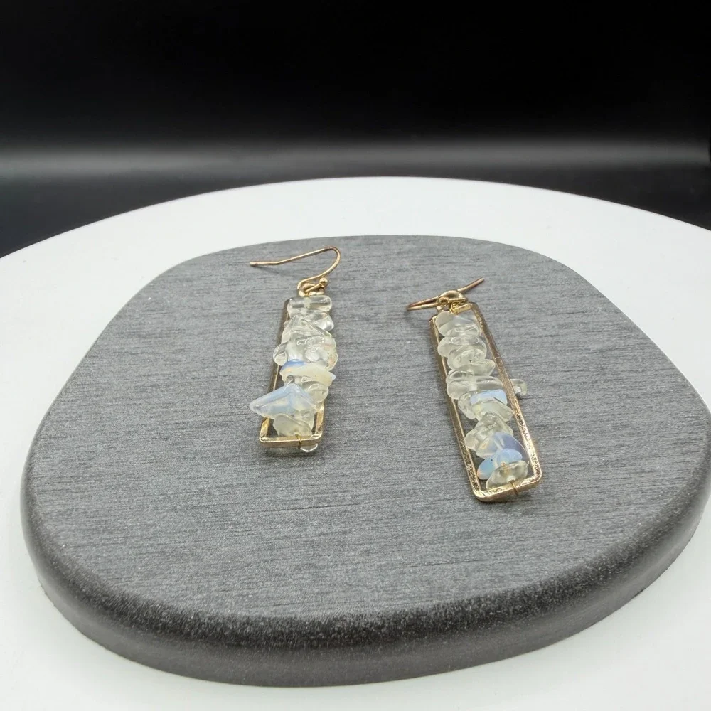 Gold Tone Clear Crystal Iridescent Chip Bar Drop Earrings Boho Statement Gift